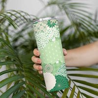 Green Palaka Japanese Patterns Skinny Tumbler Asanoha Seigaiha Sakura Motif - Polynesian Pride