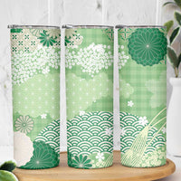Green Palaka Japanese Patterns Skinny Tumbler Asanoha Seigaiha Sakura Motif - Polynesian Pride