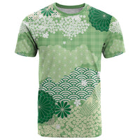 Green Palaka Japanese Patterns T Shirt Asanoha Seigaiha Sakura Motif - Polynesian Pride