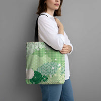 Green Palaka Japanese Patterns Tote Bag Asanoha Seigaiha Sakura Motif - Polynesian Pride