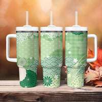 Green Palaka Japanese Patterns Tumbler With Handle Asanoha Seigaiha Sakura Motif - Polynesian Pride