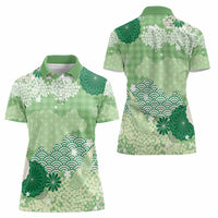 Green Palaka Japanese Patterns Women Polo Shirt Asanoha Seigaiha Sakura Motif - Polynesian Pride