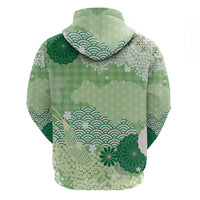 Green Palaka Japanese Patterns Zip Hoodie Asanoha Seigaiha Sakura Motif - Polynesian Pride