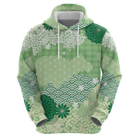 Green Palaka Japanese Patterns Zip Hoodie Asanoha Seigaiha Sakura Motif - Polynesian Pride
