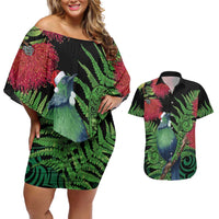 New Zealand Tui Bird Christmas Couples Matching Off Shoulder Short Dress and Hawaiian Shirt Maori Fern Mix Pohotukawa LT14 Black - Polynesian Pride