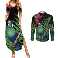 New Zealand Tui Bird Christmas Couples Matching Summer Maxi Dress and Long Sleeve Button Shirt Maori Fern Mix Pohotukawa