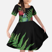 New Zealand Tui Bird Christmas Family Matching Long Sleeve Bodycon Dress and Hawaiian Shirt Maori Fern Mix Pohotukawa LT14 Daughter's Dress Black - Polynesian Pride