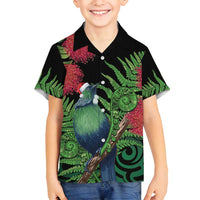 New Zealand Tui Bird Christmas Family Matching Puletasi and Hawaiian Shirt Maori Fern Mix Pohotukawa LT14 Son's Shirt Black - Polynesian Pride
