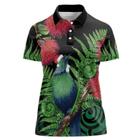 New Zealand Tui Bird Christmas Women Polo Shirt Maori Fern Mix Pohotukawa LT14 Female Black - Polynesian Pride