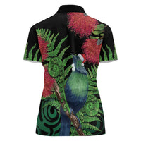 New Zealand Tui Bird Christmas Women Polo Shirt Maori Fern Mix Pohotukawa LT14 - Polynesian Pride