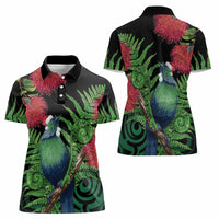 New Zealand Tui Bird Christmas Women Polo Shirt Maori Fern Mix Pohotukawa LT14 - Polynesian Pride