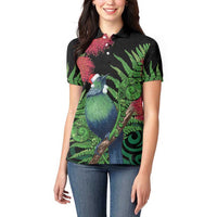 New Zealand Tui Bird Christmas Women Polo Shirt Maori Fern Mix Pohotukawa LT14 - Polynesian Pride