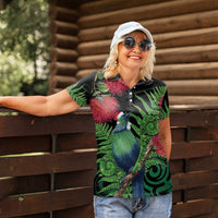 New Zealand Tui Bird Christmas Women Polo Shirt Maori Fern Mix Pohotukawa LT14 - Polynesian Pride