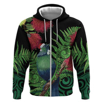 New Zealand Tui Bird Christmas Zip Hoodie Maori Fern Mix Pohotukawa LT14 Zip Hoodie Black - Polynesian Pride