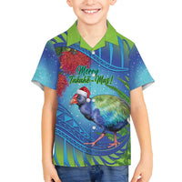 New Zealand Takahe Christmas Family Matching Puletasi and Hawaiian Shirt Maori Fern Mix Pohotukawa LT14 Son's Shirt Blue - Polynesian Pride