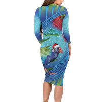 New Zealand Takahe Christmas Long Sleeve Bodycon Dress Maori Fern Mix Pohotukawa LT14 - Polynesian Pride