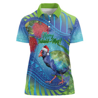 New Zealand Takahe Christmas Women Polo Shirt Maori Fern Mix Pohotukawa LT14 Female Blue - Polynesian Pride