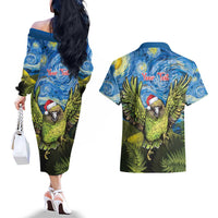 Personalised Jumping Kakapo Christmas Couples Matching Off The Shoulder Long Sleeve Dress and Hawaiian Shirt New Zealand Fern - Starry Night Style LT14 - Polynesian Pride