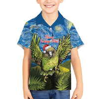 Personalised Jumping Kakapo Christmas Family Matching Long Sleeve Bodycon Dress and Hawaiian Shirt New Zealand Fern - Starry Night Style LT14 Son's Shirt Green - Polynesian Pride