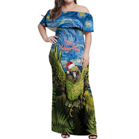 Personalised Jumping Kakapo Christmas Off Shoulder Maxi Dress New Zealand Fern - Starry Night Style LT14 Women Green - Polynesian Pride