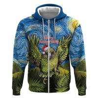 Personalised Jumping Kakapo Christmas Zip Hoodie New Zealand Fern - Starry Night Style LT14 Zip Hoodie Green - Polynesian Pride