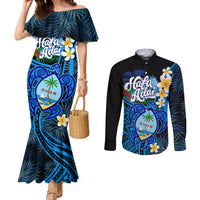 Hafa Adai Guam Couples Matching Mermaid Dress and Long Sleeve Button Shirt Guahan Sea Turtle Tropical Style LT14 Blue - Polynesian Pride