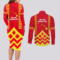 Hawaii Mauna Kea Couples Matching Long Sleeve Bodycon Dress and Long Sleeve Button Shirt Hawaiian Kakau Tribal Pattern LT14 - Polynesian Pride
