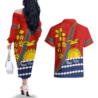 Personalised Mauri Kiribati Couples Matching Off The Shoulder Long Sleeve Dress and Hawaiian Shirt Polynesian Ribaberiki Flag Style Mix Plumeria LT14 - Polynesian Pride