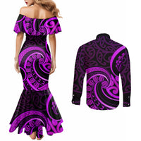 Purple Aotearoa Mangopare Couples Matching Mermaid Dress and Long Sleeve Button Shirt NZ Maori Koru Style LT14 - Polynesian Pride