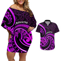Purple Aotearoa Mangopare Couples Matching Off Shoulder Short Dress and Hawaiian Shirt NZ Maori Koru Style LT14 Purple - Polynesian Pride