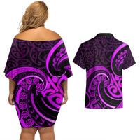 Purple Aotearoa Mangopare Couples Matching Off Shoulder Short Dress and Hawaiian Shirt NZ Maori Koru Style LT14 - Polynesian Pride