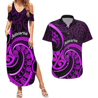 Purple Aotearoa Mangopare Couples Matching Summer Maxi Dress and Hawaiian Shirt NZ Maori Koru Style LT14 Purple - Polynesian Pride