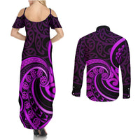 Purple Aotearoa Mangopare Couples Matching Summer Maxi Dress and Long Sleeve Button Shirt NZ Maori Koru Style LT14 - Polynesian Pride