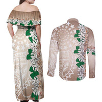 Cook Islands Tiare Maori With Conch Shell Couples Matching Off Shoulder Maxi Dress and Long Sleeve Button Shirt 2025 Pasifika Polynesian Tattoo