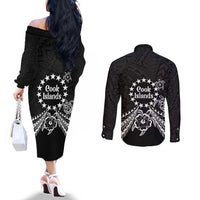 Kia Orana Cook Islands Couples Matching Off The Shoulder Long Sleeve Dress and Long Sleeve Button Shirt 2025 Pasifika Polynesian Turtle Black Color