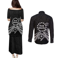 Kia Orana Cook Islands Couples Matching Puletasi and Long Sleeve Button Shirt 2025 Pasifika Polynesian Turtle Black Color
