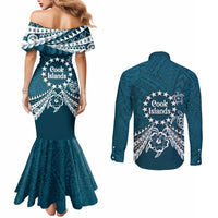 Kia Orana Cook Islands Couples Matching Mermaid Dress and Long Sleeve Button Shirt Polynesian Turtle Crowberry Blue Color