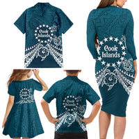 Kia Orana Cook Islands Family Matching Long Sleeve Bodycon Dress and Hawaiian Shirt Polynesian Turtle Crowberry Blue Color
