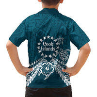 Kia Orana Cook Islands Family Matching Off The Shoulder Long Sleeve Dress and Hawaiian Shirt Polynesian Turtle Crowberry Blue Color