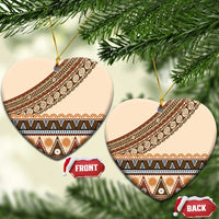 Bula Fiji Ceramic Ornament 2025 Pasifika Traditional Fijian Masi LT14 Heart Beige - Polynesian Pride