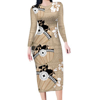 Bula Fiji Iri Buli Long Sleeve Bodycon Dress Woven Fan With Fijian Tapa