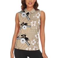 Bula Fiji Iri Buli Women Sleeveless Polo Shirt Woven Fan With Fijian Tapa