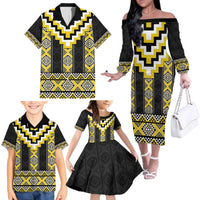 Yellow Taniko Aotearoa Family Matching Off The Shoulder Long Sleeve Dress and Hawaiian Shirt Niho Taniwha Mix Poutama