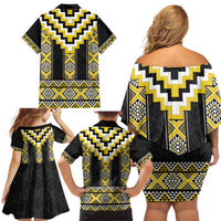 Yellow Taniko Aotearoa Family Matching Off Shoulder Short Dress and Hawaiian Shirt Niho Taniwha Mix Poutama LT14 - Polynesian Pride