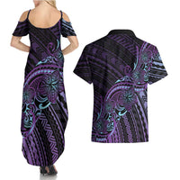 Teal Purple Polynesia Plumeria Tattoo Couples Matching Summer Maxi Dress and Hawaiian Shirt