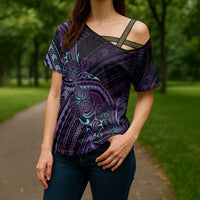 Teal Purple Polynesia Plumeria Tattoo Cross Shoulder Shirt