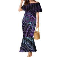 Teal Purple Polynesia Plumeria Tattoo Family Matching Mermaid Dress and Hawaiian Shirt LT14 Mom's Dress Purple - Polynesian Pride