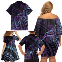 Teal Purple Polynesia Plumeria Tattoo Family Matching Off Shoulder Short Dress and Hawaiian Shirt LT14 - Polynesian Pride