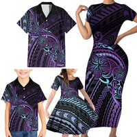 Teal Purple Polynesia Plumeria Tattoo Family Matching Short Sleeve Bodycon Dress and Hawaiian Shirt LT14 - Polynesian Pride