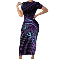 Teal Purple Polynesia Plumeria Tattoo Family Matching Short Sleeve Bodycon Dress and Hawaiian Shirt LT14 Mom's Dress Purple - Polynesian Pride